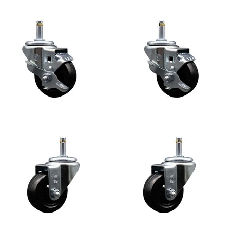 Service Caster 3'' Hard Rubber Wheel Swivel 7/16'' Grip Ring Stem Caster Set 2 Brakes, 4PK SCC-GR20S314-HRS-TLB-716138-2-S-2